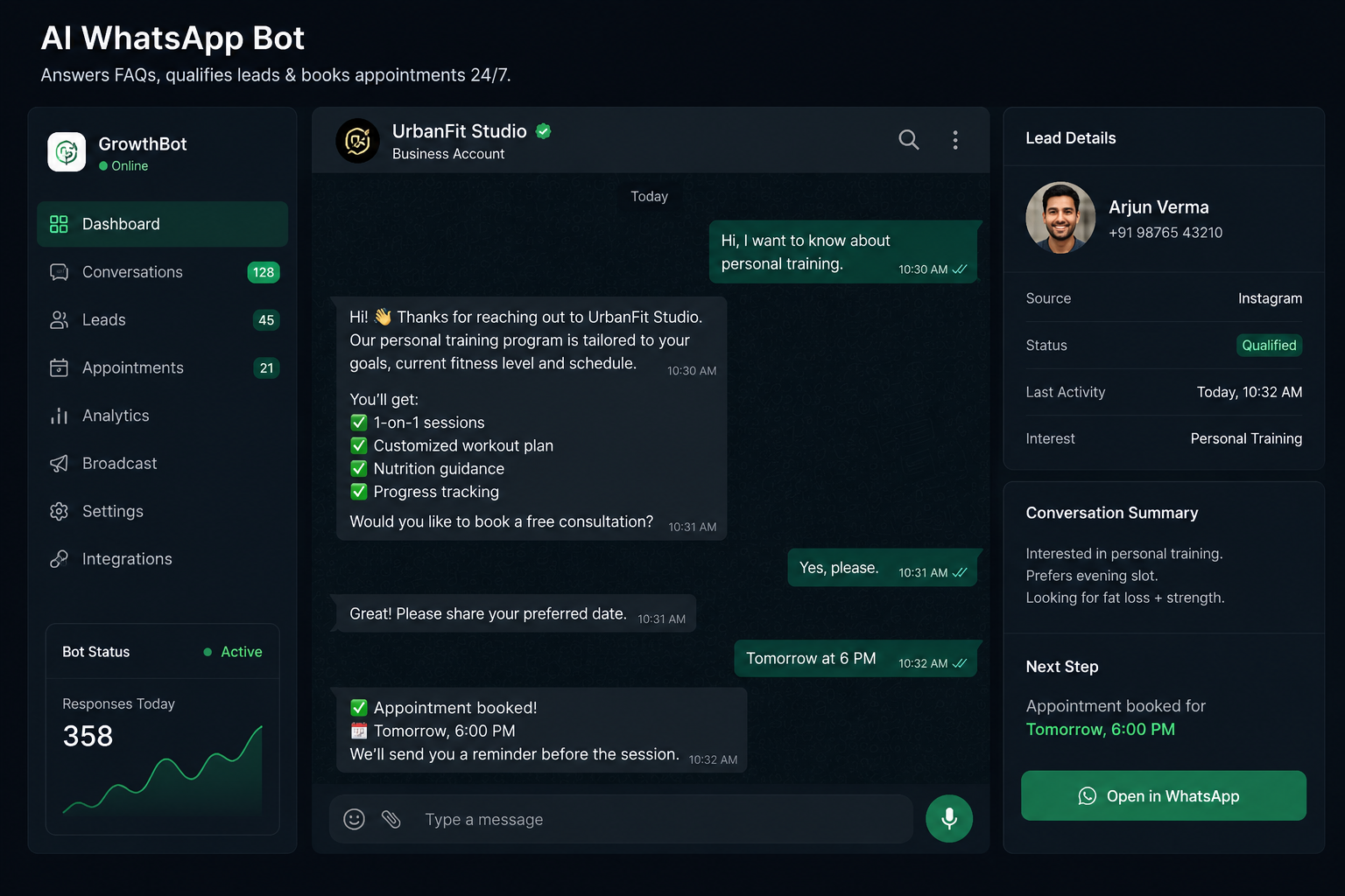 AI WhatsApp bot conversation screenshot